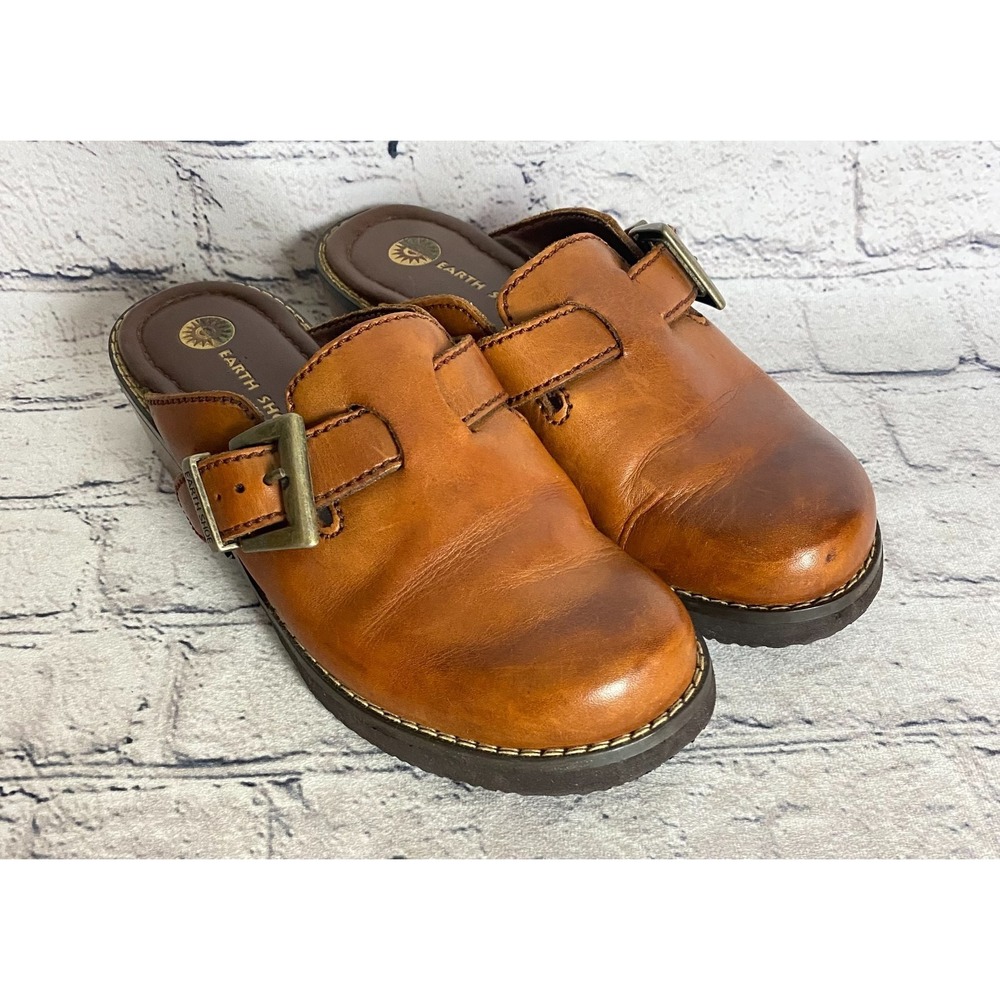 Earth Shoe Pine 2 Womens Mules Size 7.5 Brown Slip On Leather Backless Comfort
